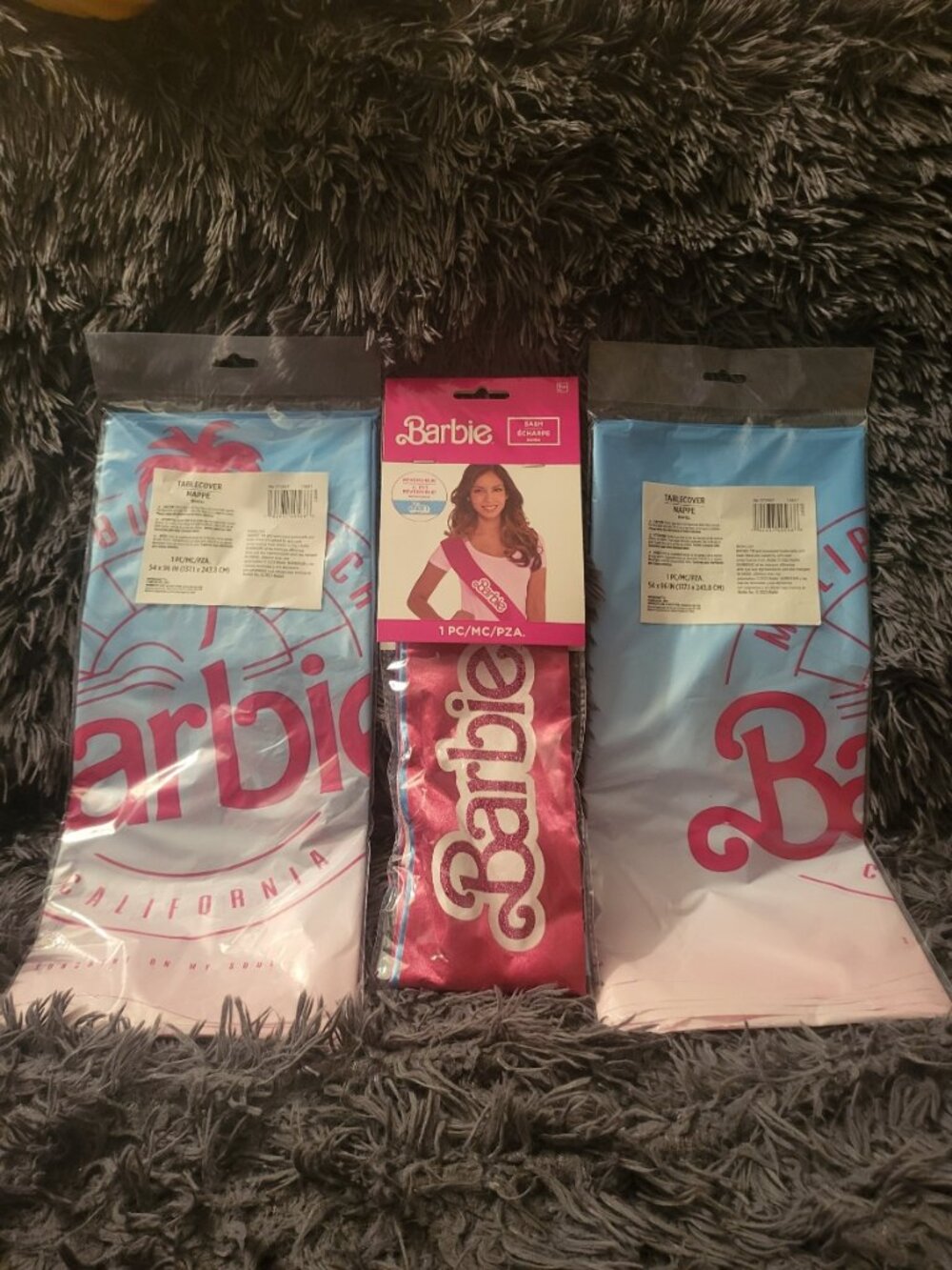Barbie sash and plastic table cloths